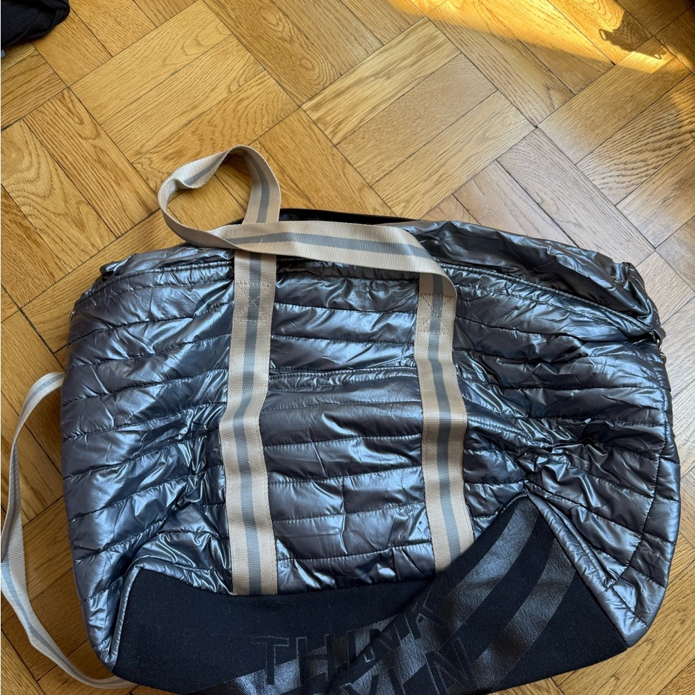 Metallic Quilted Tote with Striped Handles